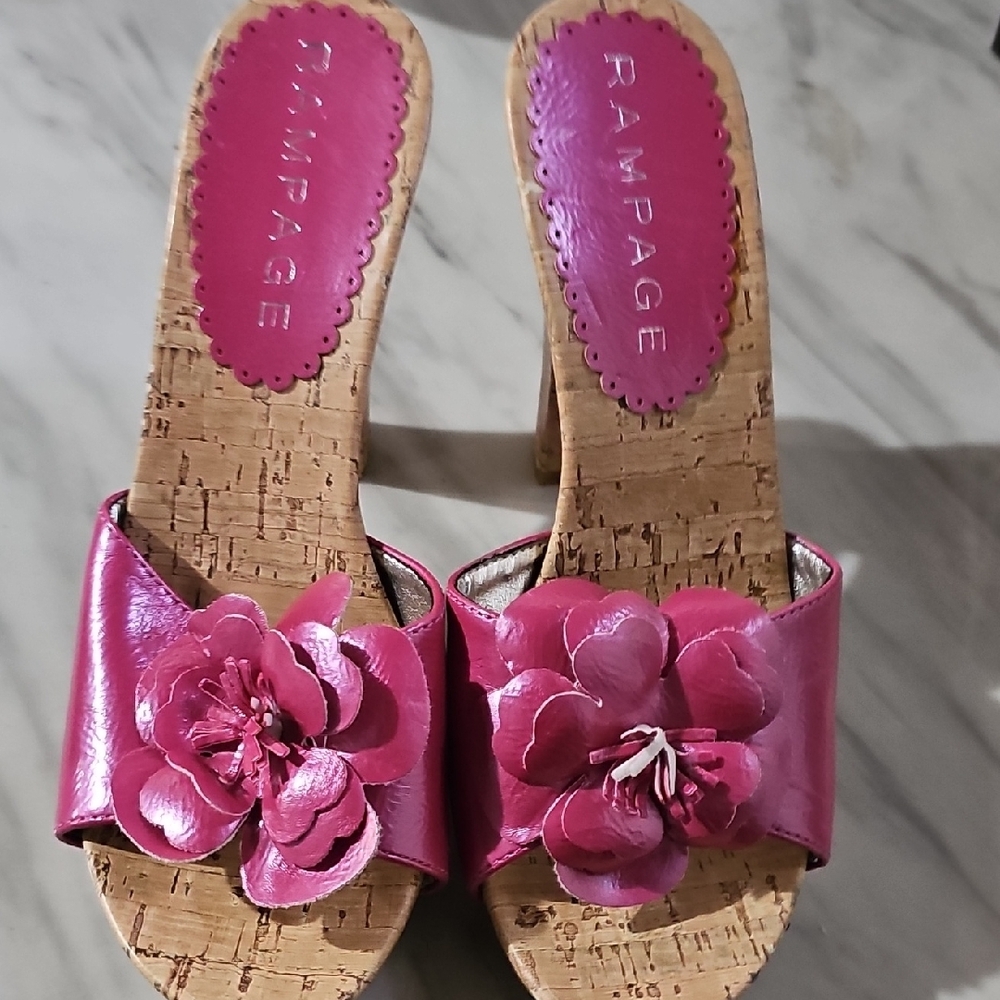 Rampage Pink Satin Mules with Flower Detail